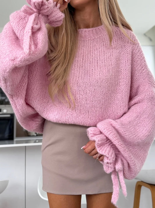 Ruffled Trim Puff Sleeve Loose Sweater