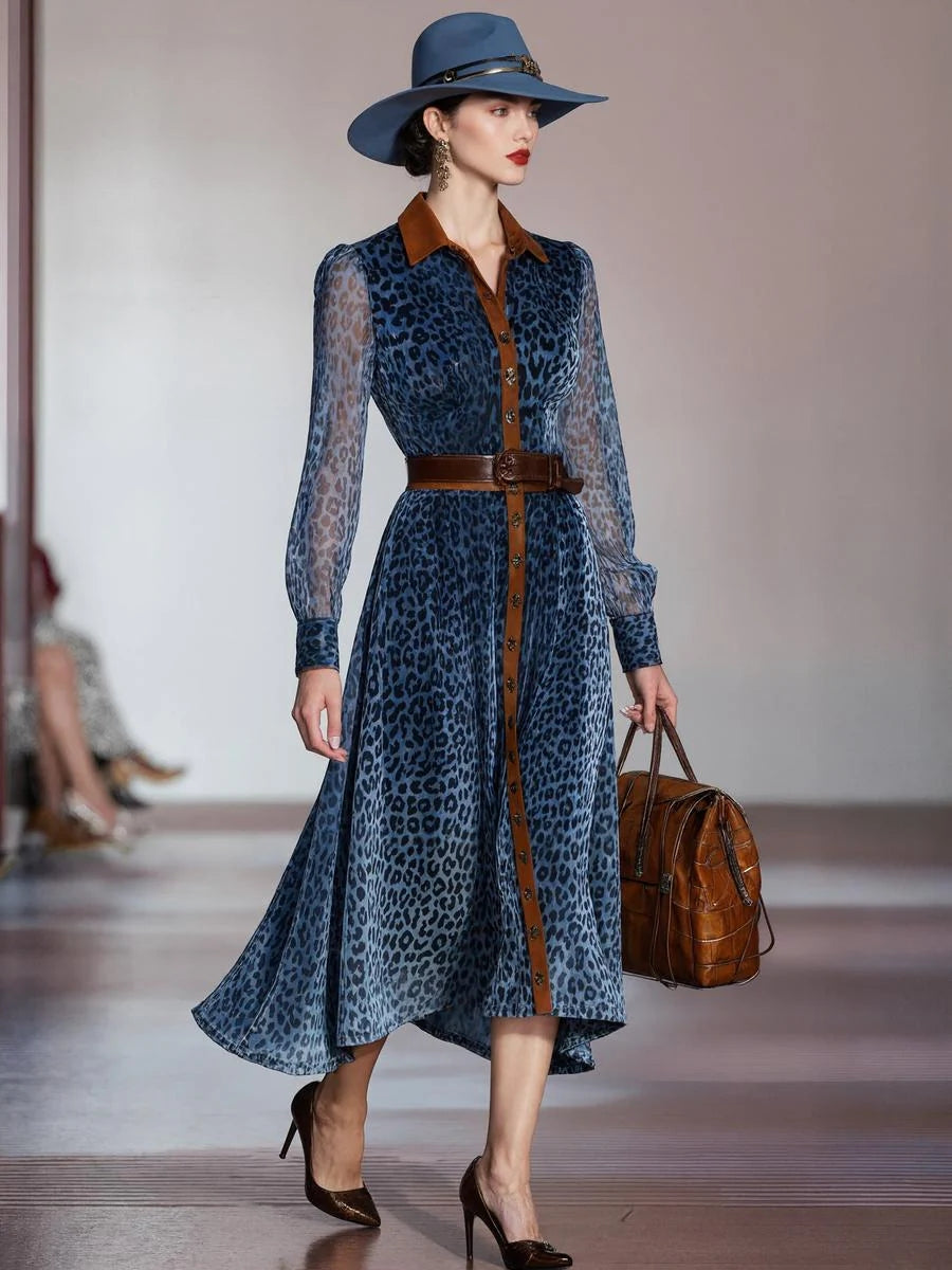 Blue Long Sleeve Leopard Midi Dress