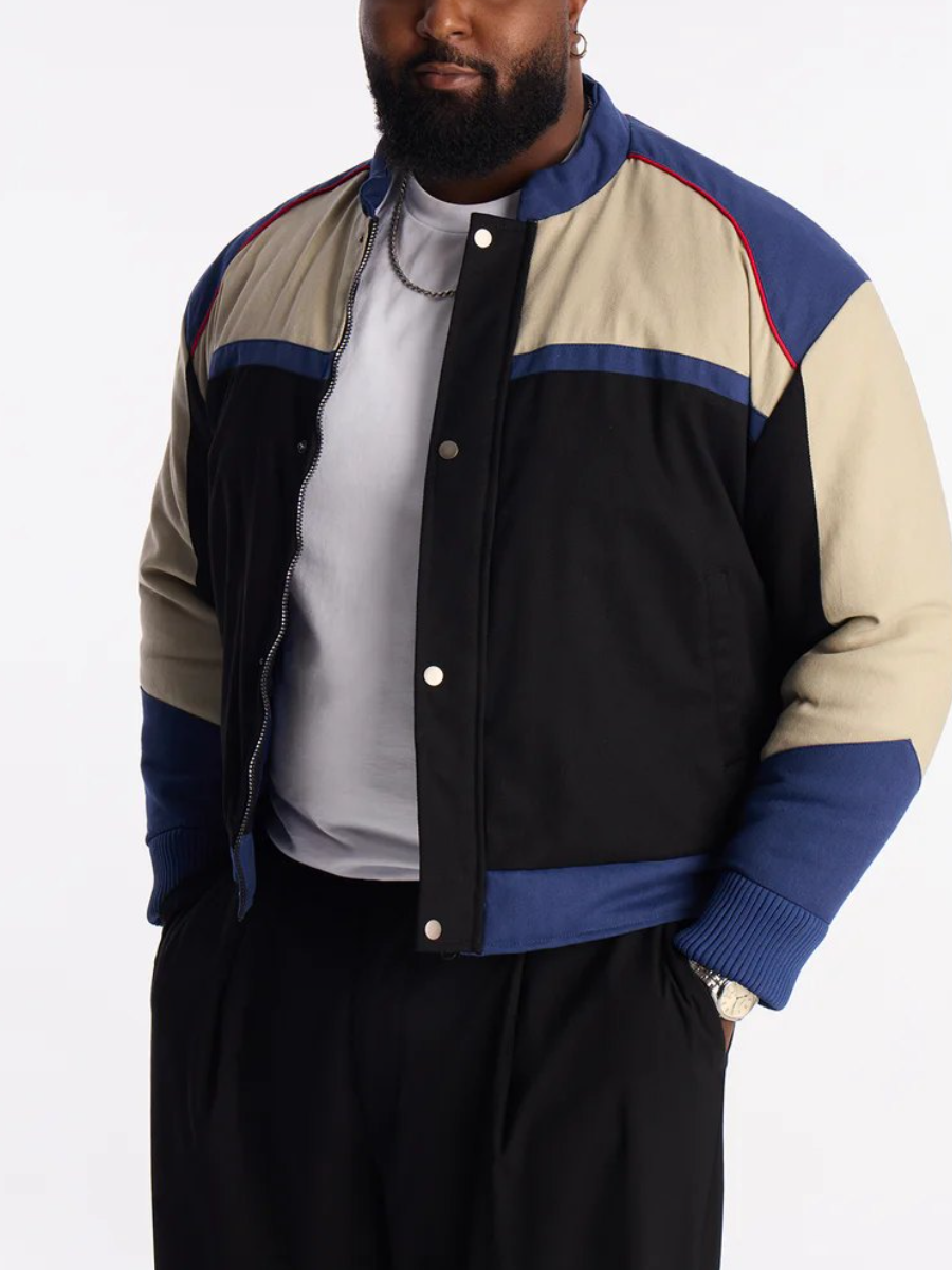 Retro Tri-Color Block Varsity Bomber Jacket for Men