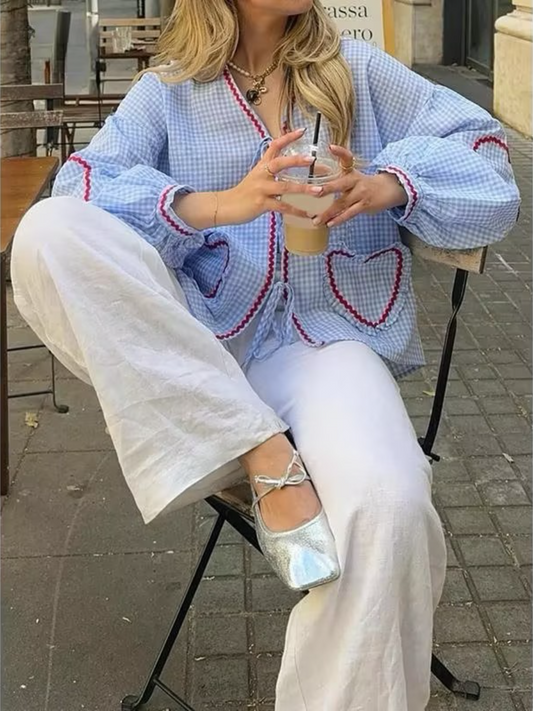 Heart Embroidered Plaid Bow-Tie Blouse