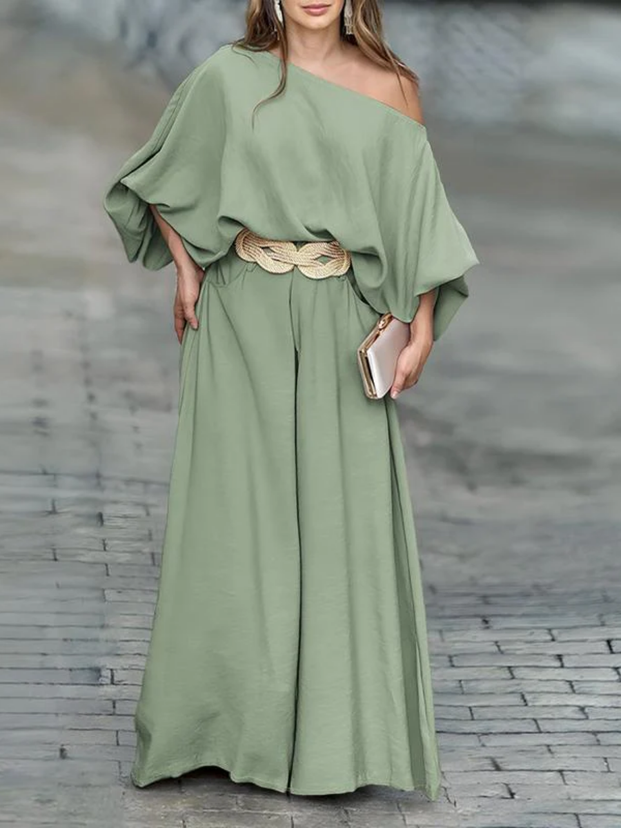 2026 Women's Skew Neck Lantern Sleeve Top & Wide Leg Pants Set