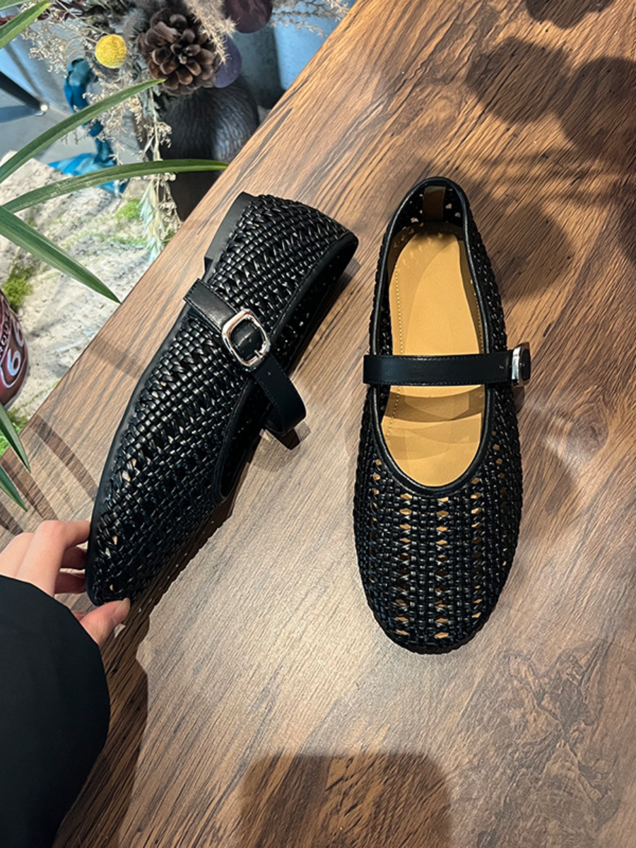 Breathable Woven Mary Jane Flats | Perforated Retro Buckle Loafers