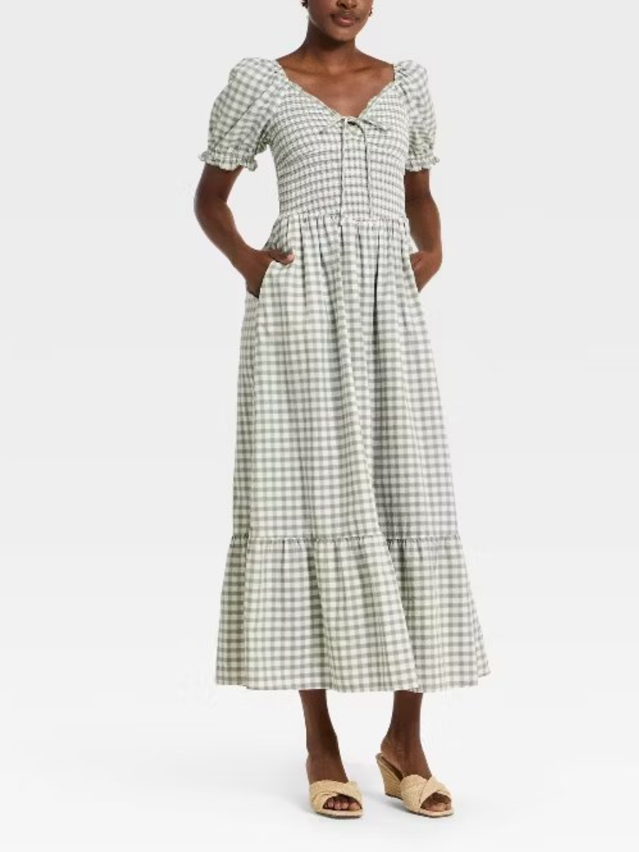 Western Puff Short Sleeve Smocked Midi A-Line Dress
