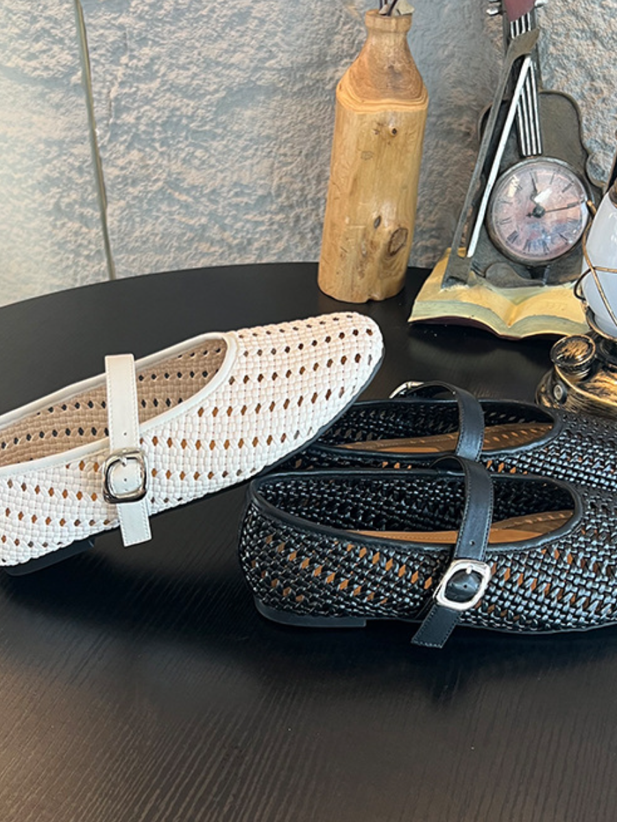 Breathable Woven Mary Jane Flats | Perforated Retro Buckle Loafers