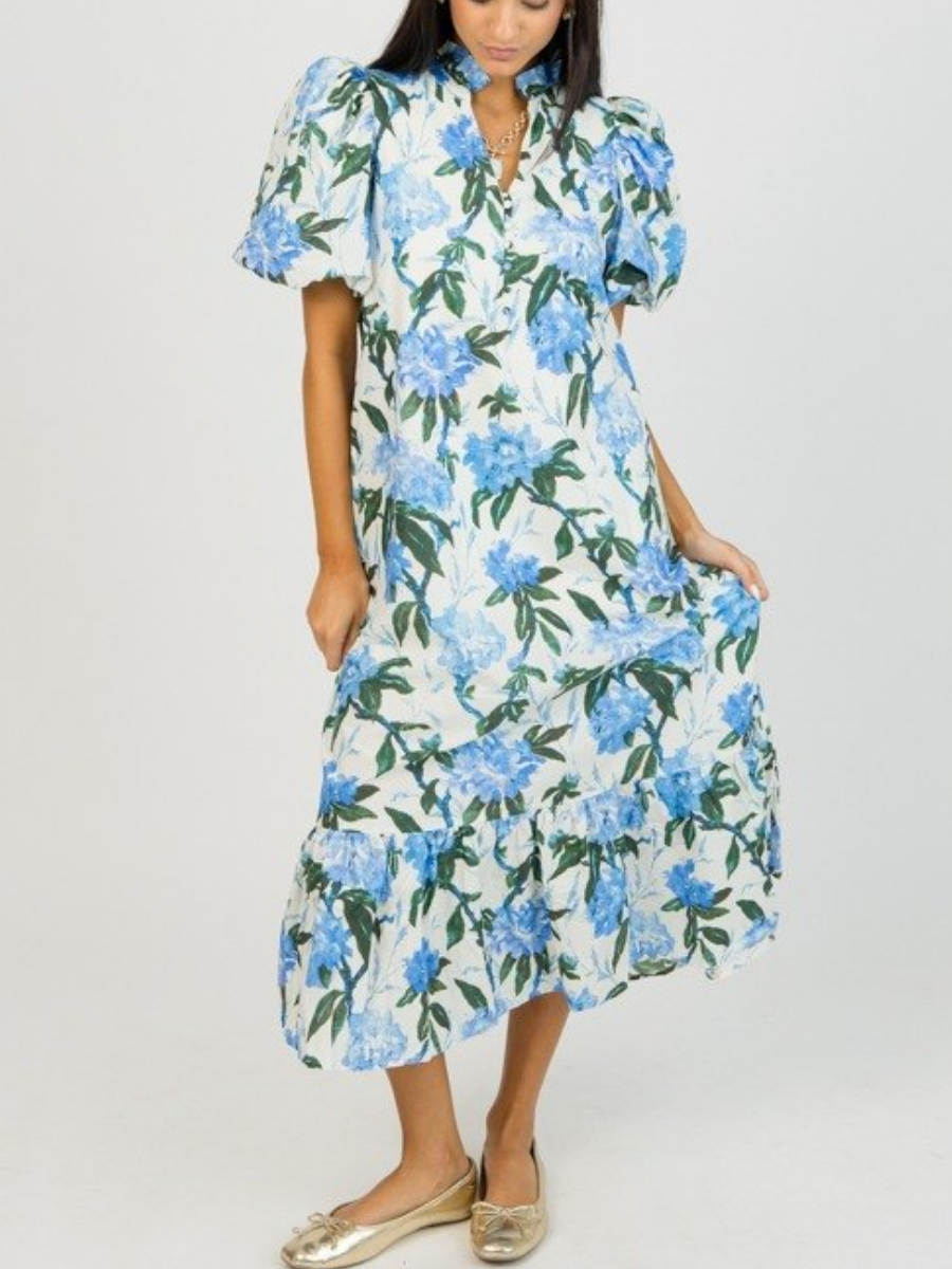 Blue Floral Puff Sleeve Midi Dress