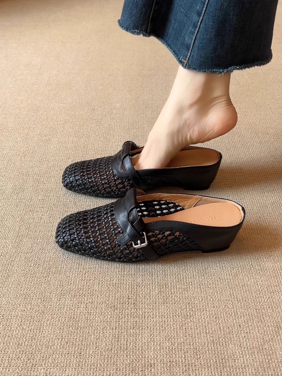 Breezy Woven Leather Mules | Square Toe Buckle Backless Loafers