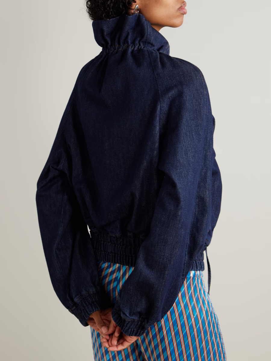 Ruffled Dark Denim Zip-Up Bomber Jacket