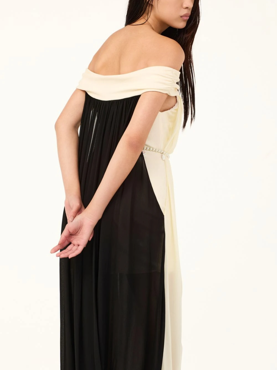 Monochrome Off-Shoulder Chiffon Maxi Dress
