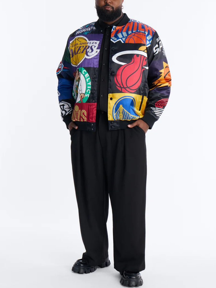 Team Patchwork Satin Bomber Jacket - Black