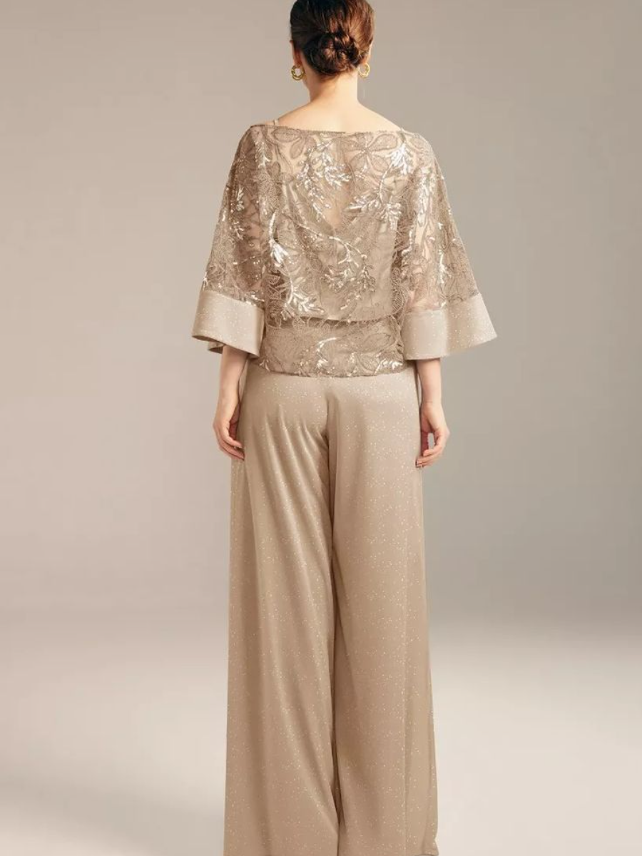 Champagne Sequin Blouse & Wide-Leg Pants Set