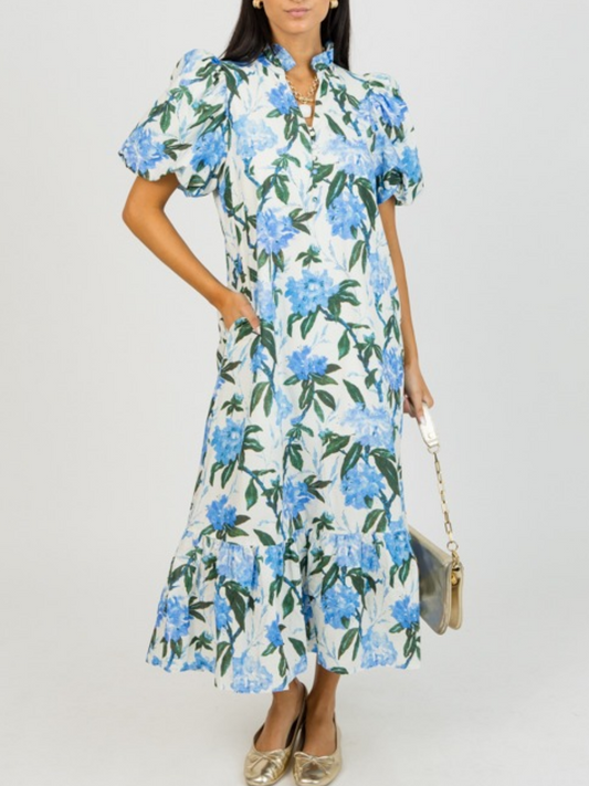 Blue Floral Puff Sleeve Midi Dress