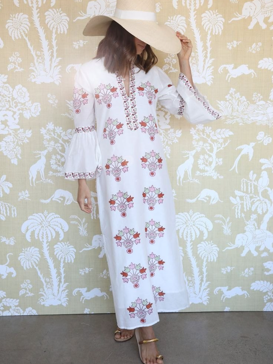 White Embroidered Bell Sleeve Maxi Dress