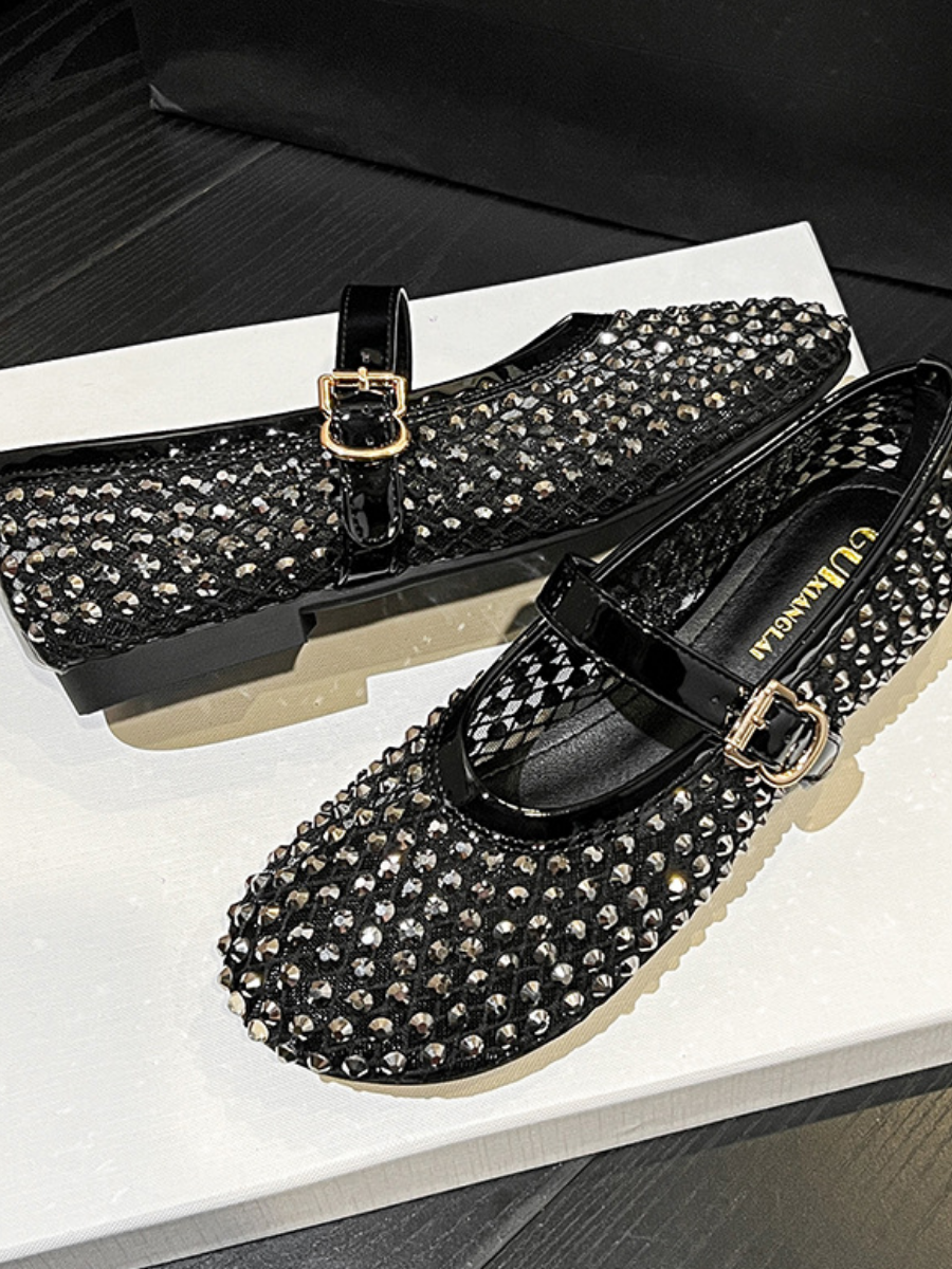 Rhinestone Mesh Mary Jane Flats for Women | Sparkly Breathable Mary Jane Shoes