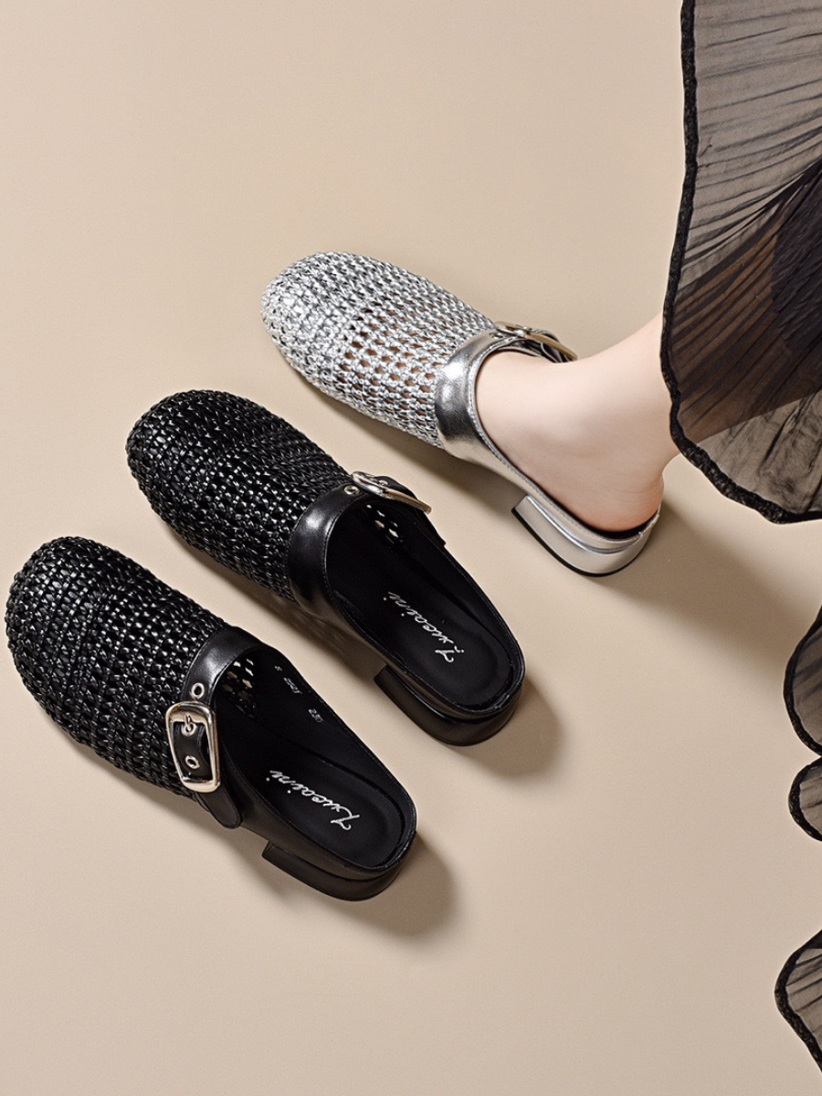 Woven Leather Buckle Mules | Breathable Low-Heel Slides for Women