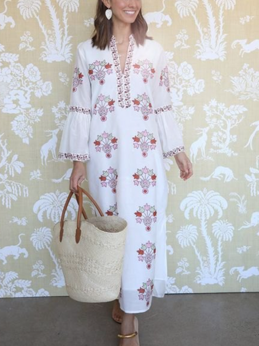 White Embroidered Bell Sleeve Maxi Dress