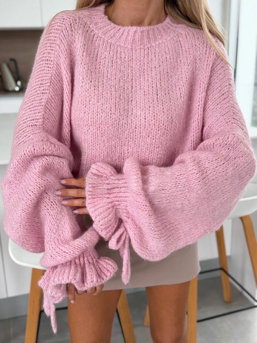 Ruffled Trim Puff Sleeve Loose Sweater