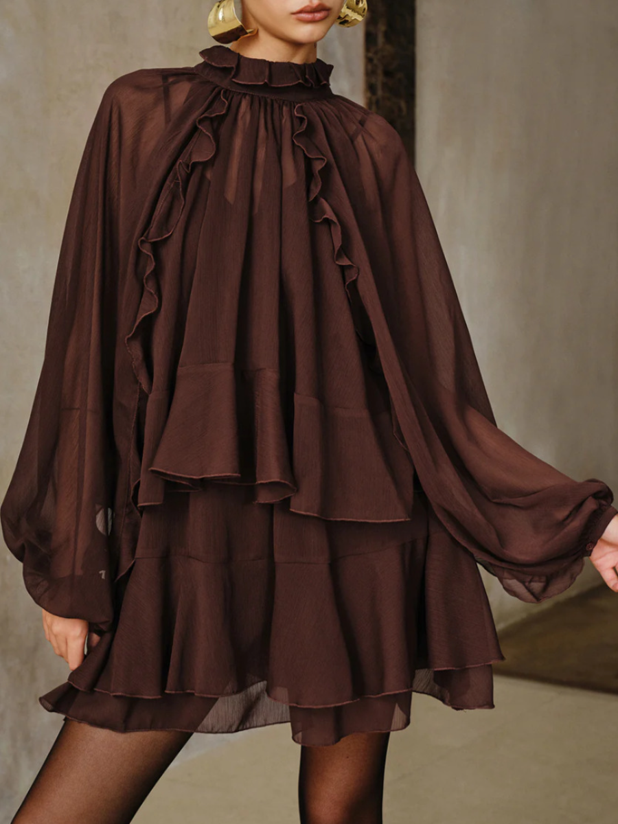 Soft Ruffle Chiffon Mini Dress with Built-In Lining