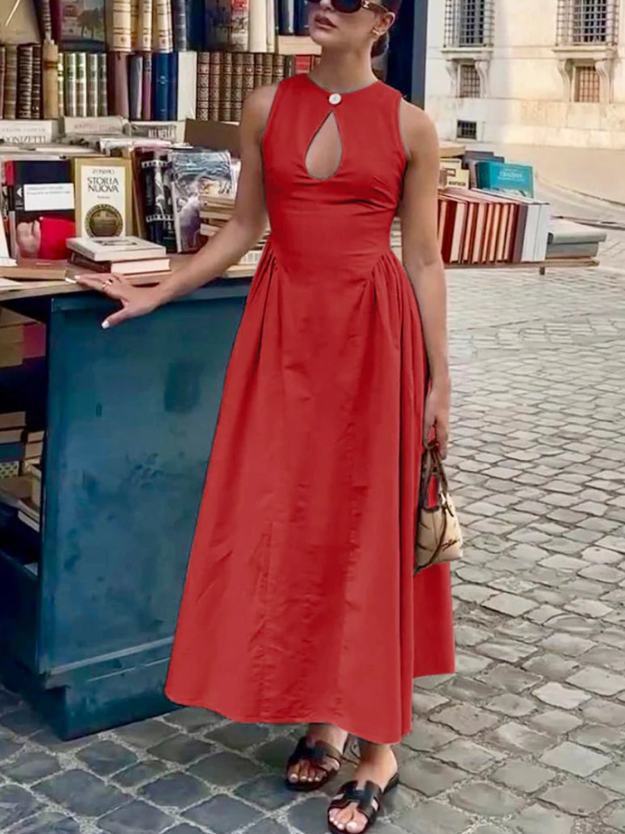 Cotton & Linen Pleated Cutout Long Dress