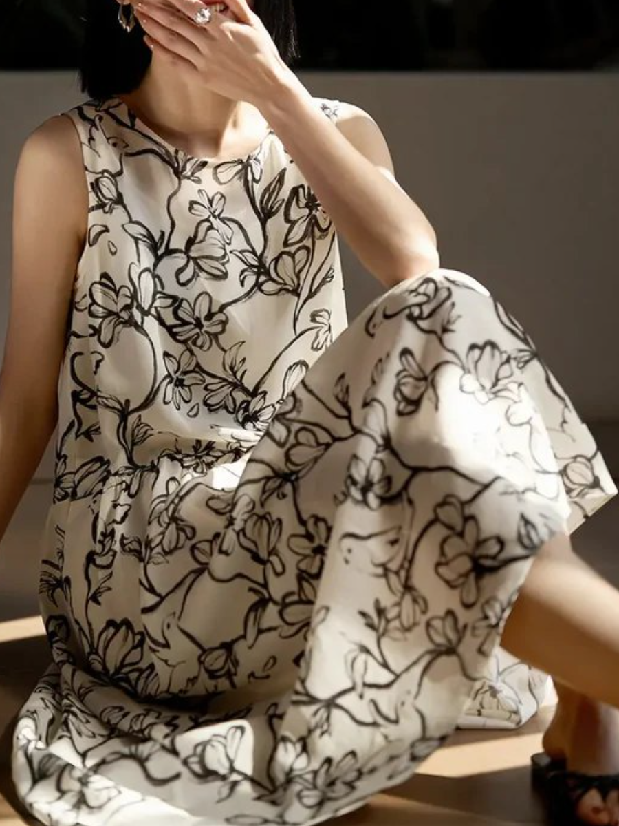 Linen Floral Sleeveless Midi Dress