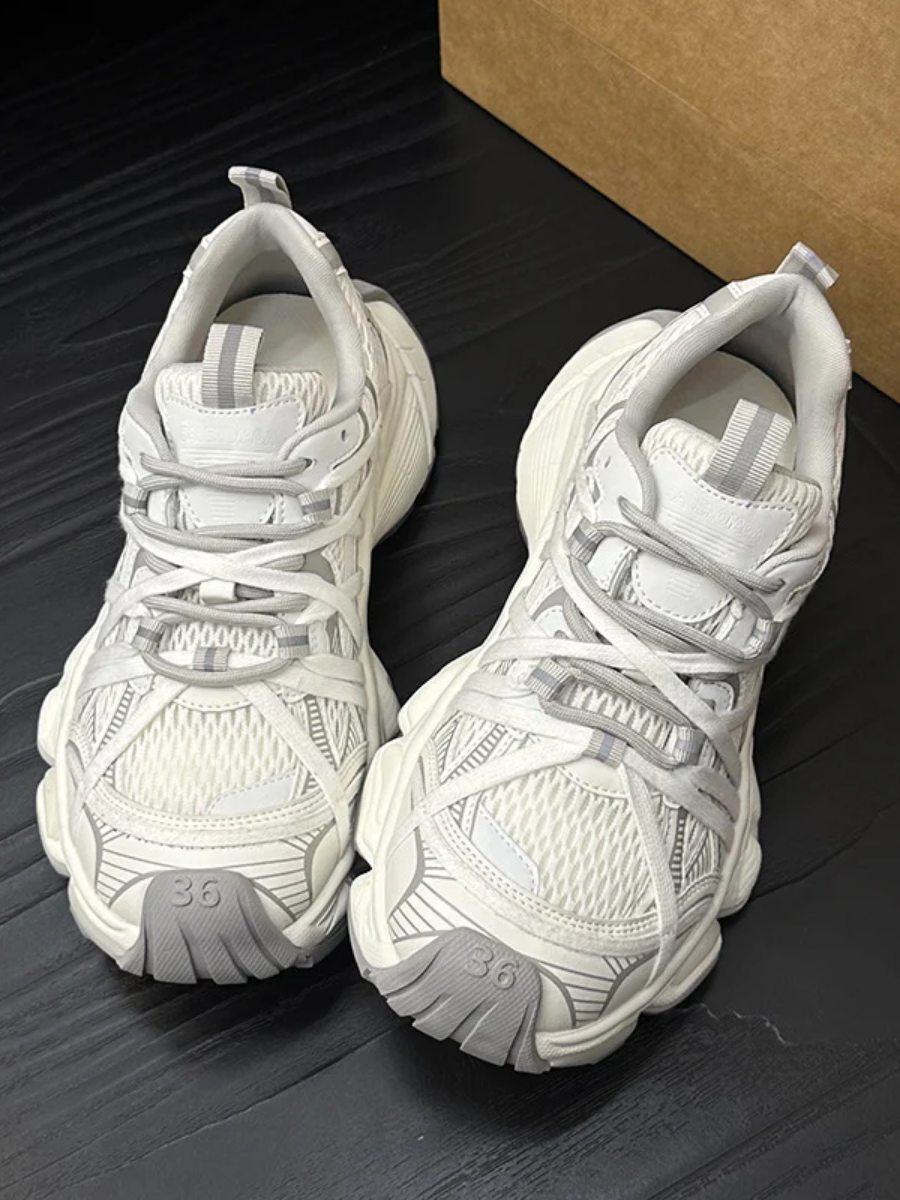 Retro Chunky Dad Sneakers for Women | Light Gray & Navy Athletic