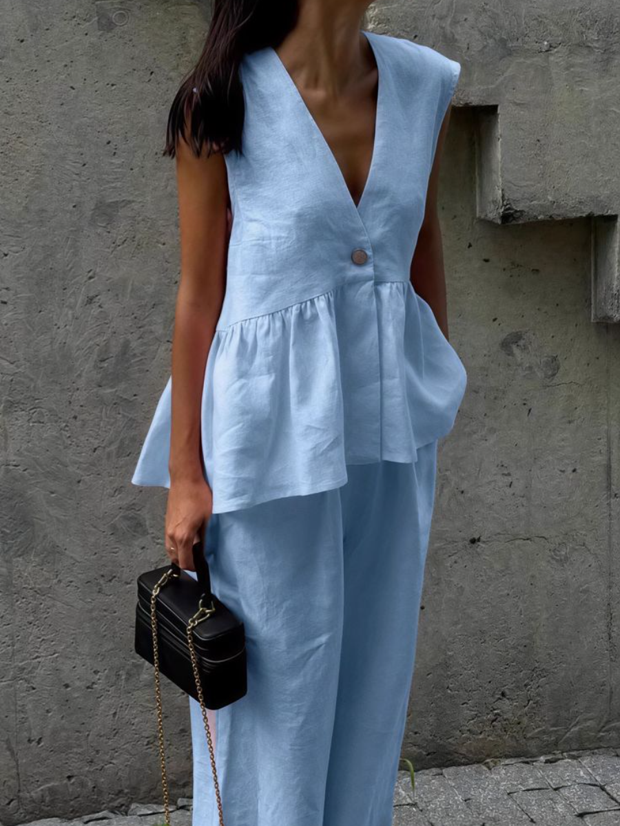 Ladies' V-neck Patchwork Top  Pants Casual Suit