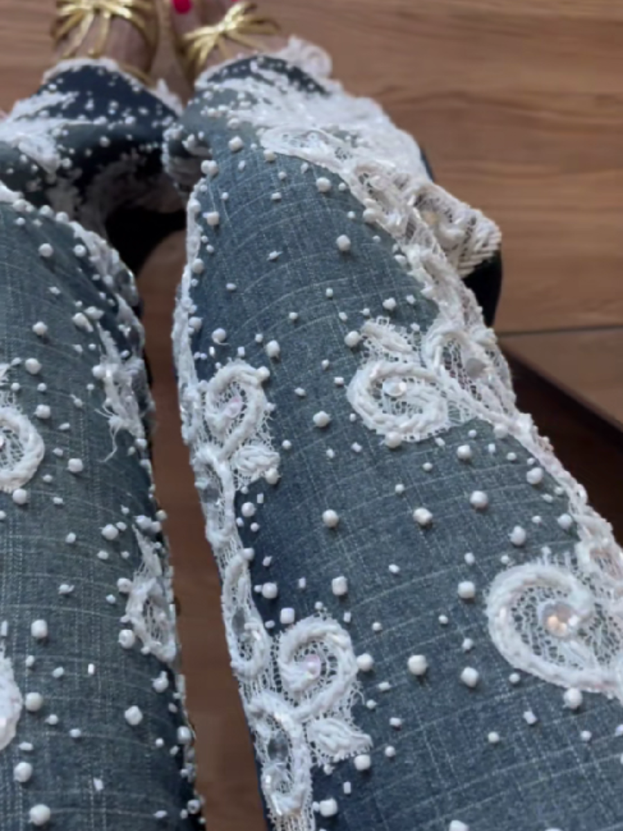Embellished Lace-Detail Flare Jeans