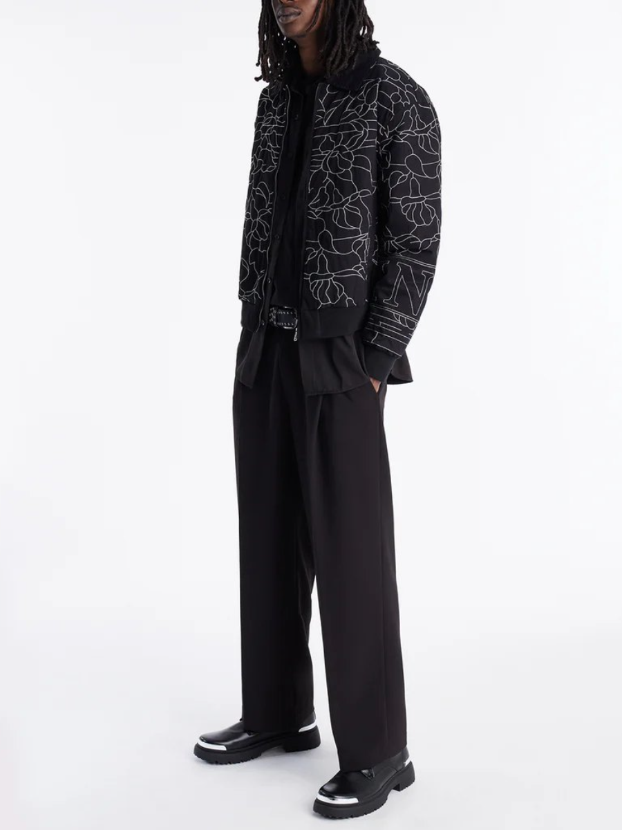 Men's Abstract Stitch Quilted Bomber Jacket - Black