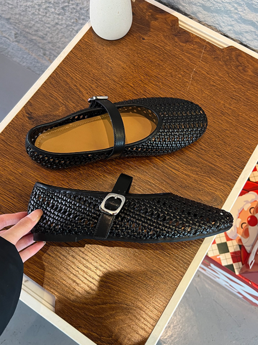 Breathable Woven Mary Jane Flats | Perforated Retro Buckle Loafers