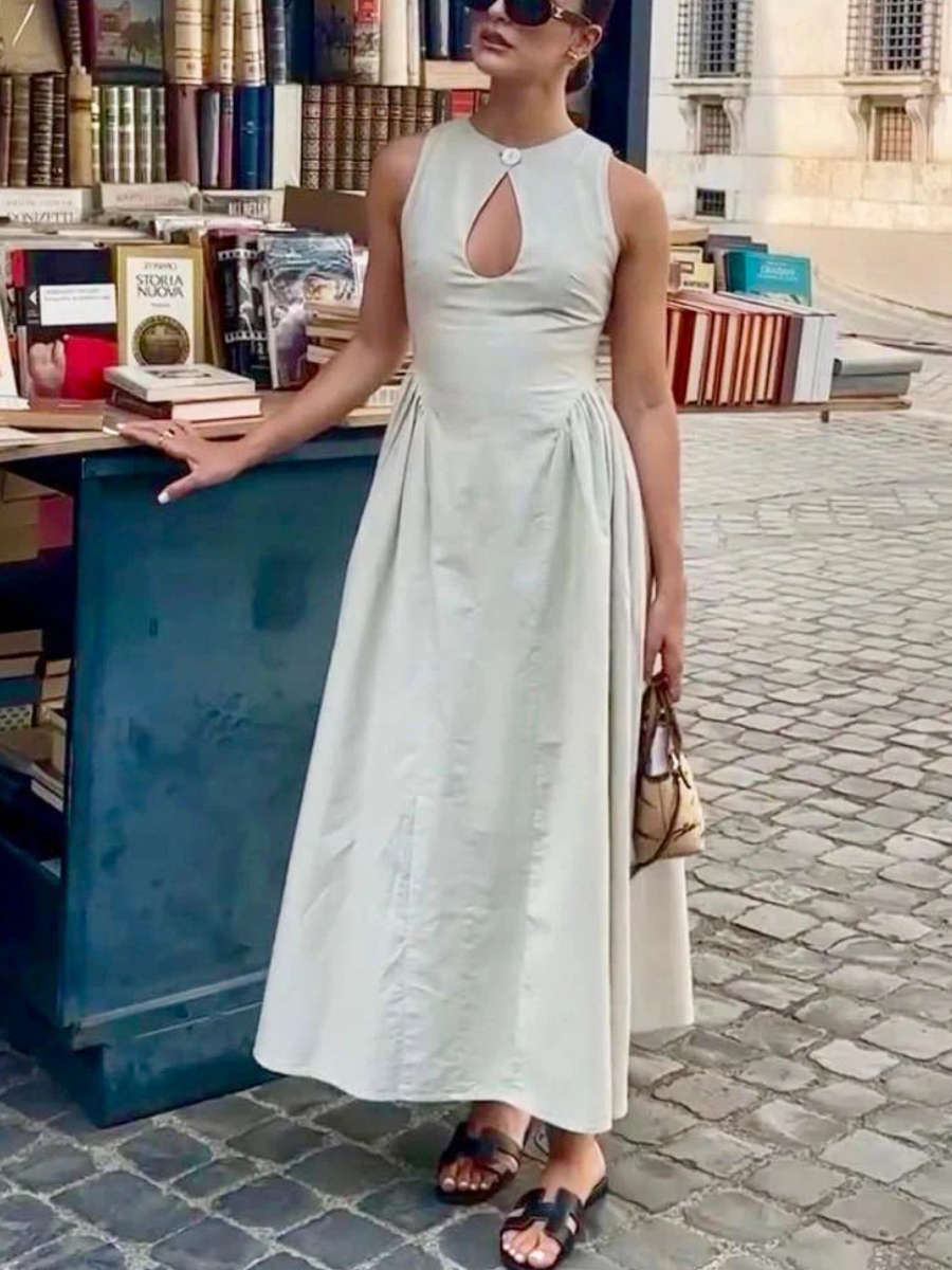 Cotton & Linen Pleated Cutout Long Dress