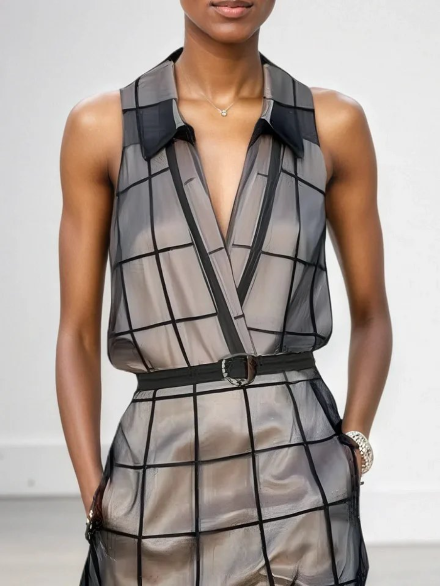 Women's Lapel V Neck Sleeveless Belted Maxi Dress