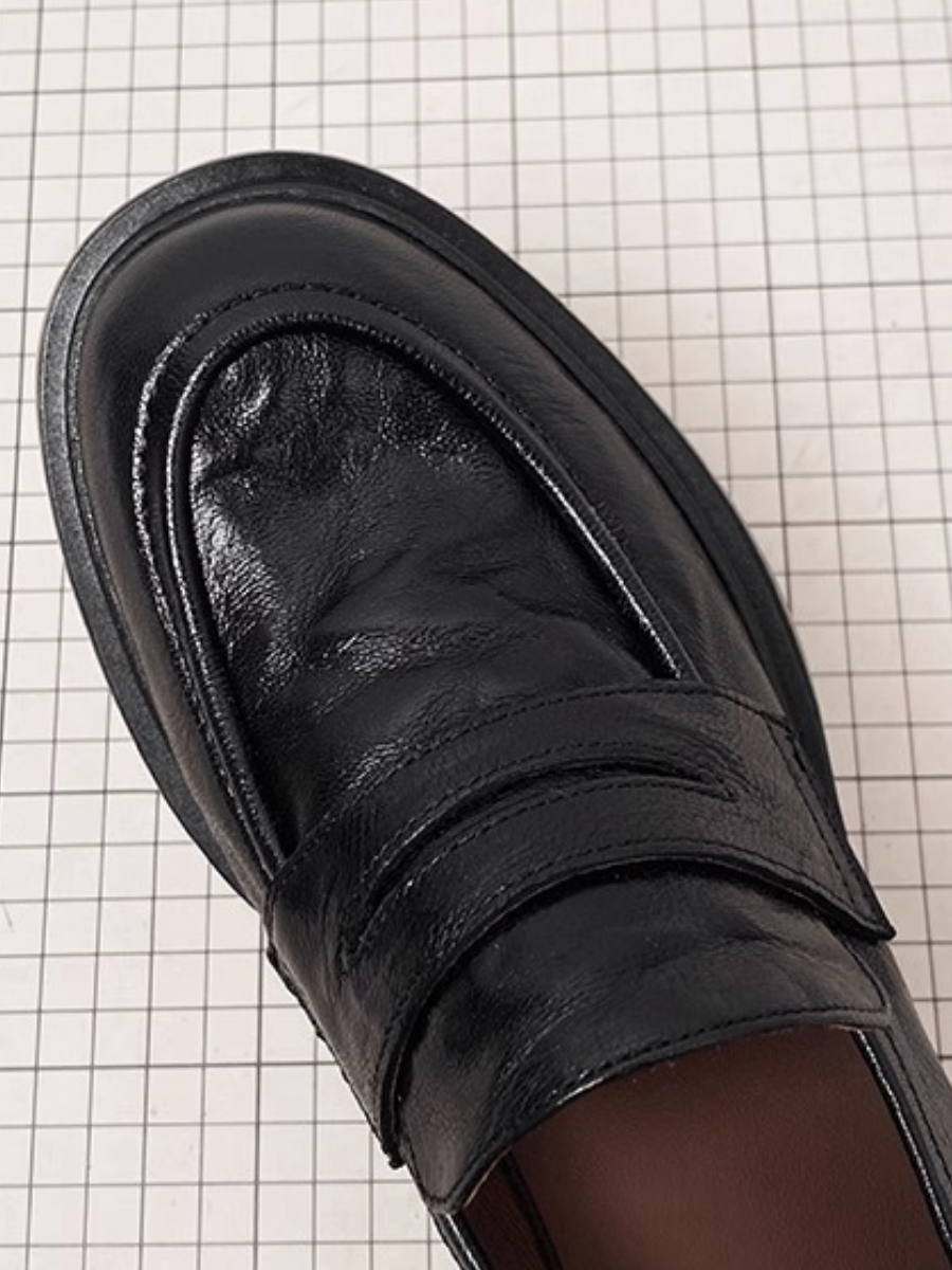 Chunky Heel Leather Penny Loafers | Square-Toe Block Heel Shoes for Women