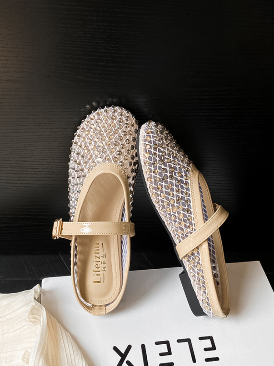 Gold Rhinestone Mesh Mary Jane Mule Flats | Breathable Slip-On Shoes for Women