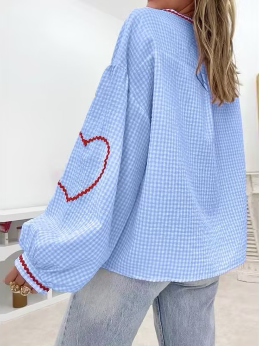 Heart Embroidered Plaid Bow-Tie Blouse