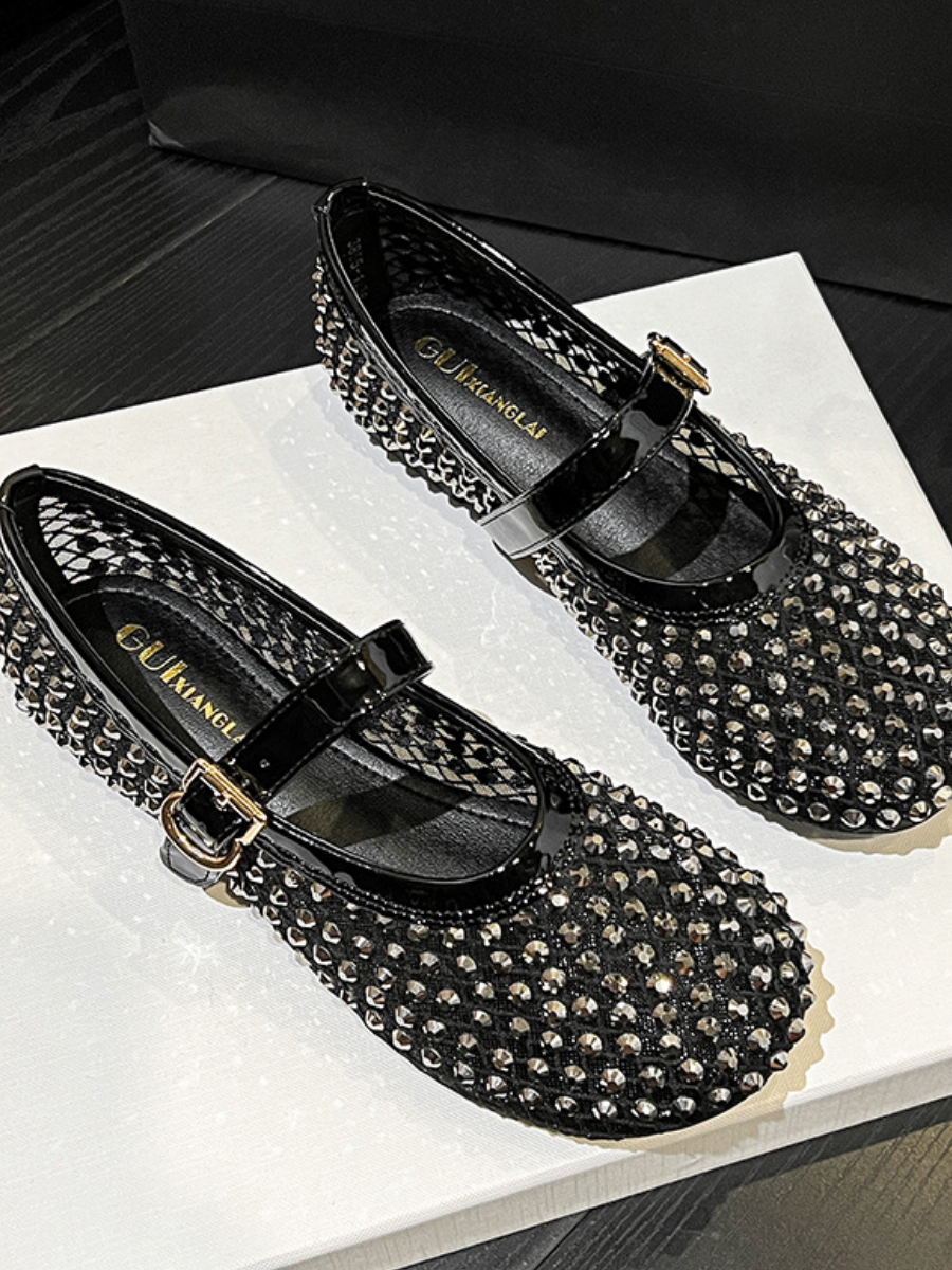Rhinestone Mesh Mary Jane Flats for Women | Sparkly Breathable Mary Jane Shoes