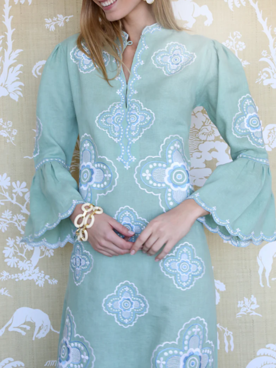 Embroidered Linen Bell-Sleeve Maxi Dress