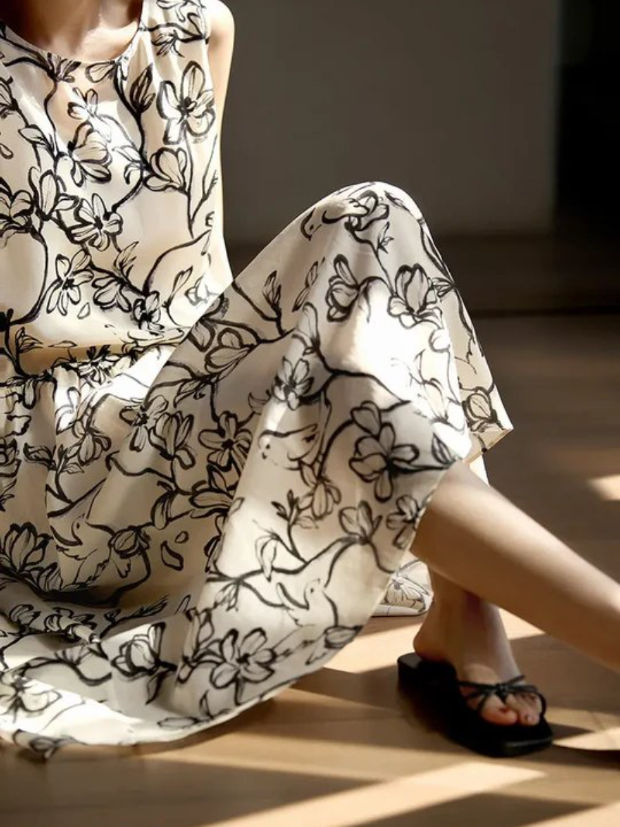 Linen Floral Sleeveless Midi Dress