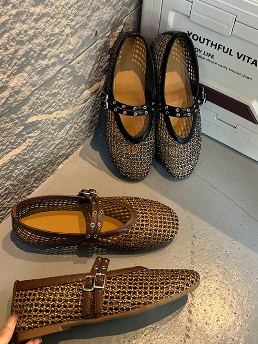 Mesh Mary Jane Flats | Breathable Studded Strap Ballet Flats