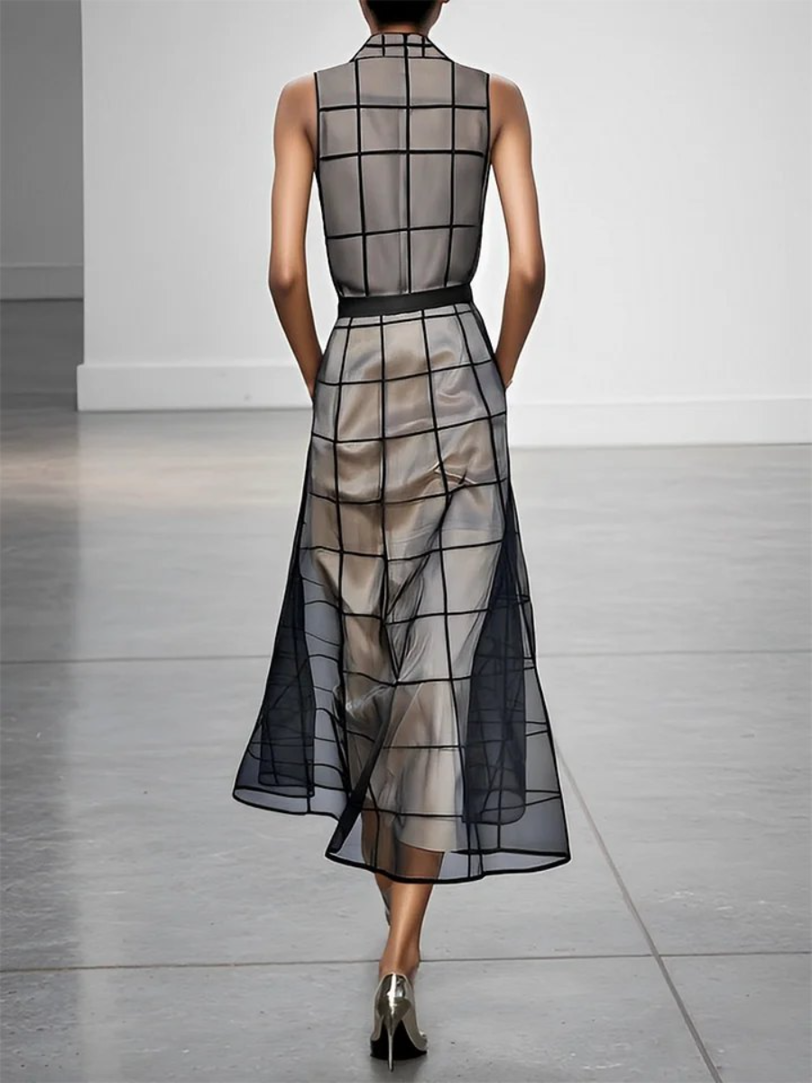 Women's Lapel V Neck Sleeveless Belted Maxi Dress
