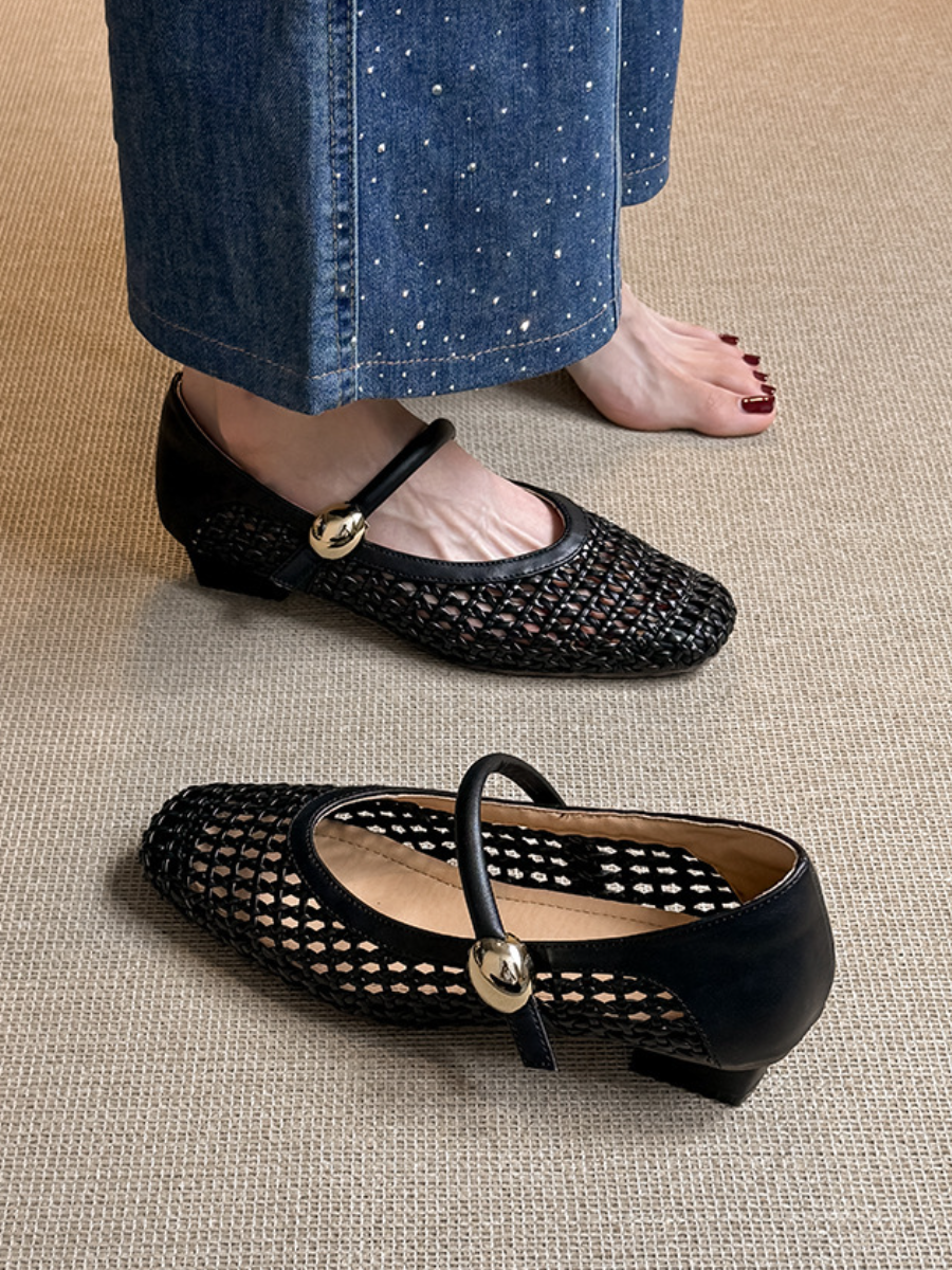 Crochet Woven Mary Jane Flats | Square Toe Breathable Ballet Flats