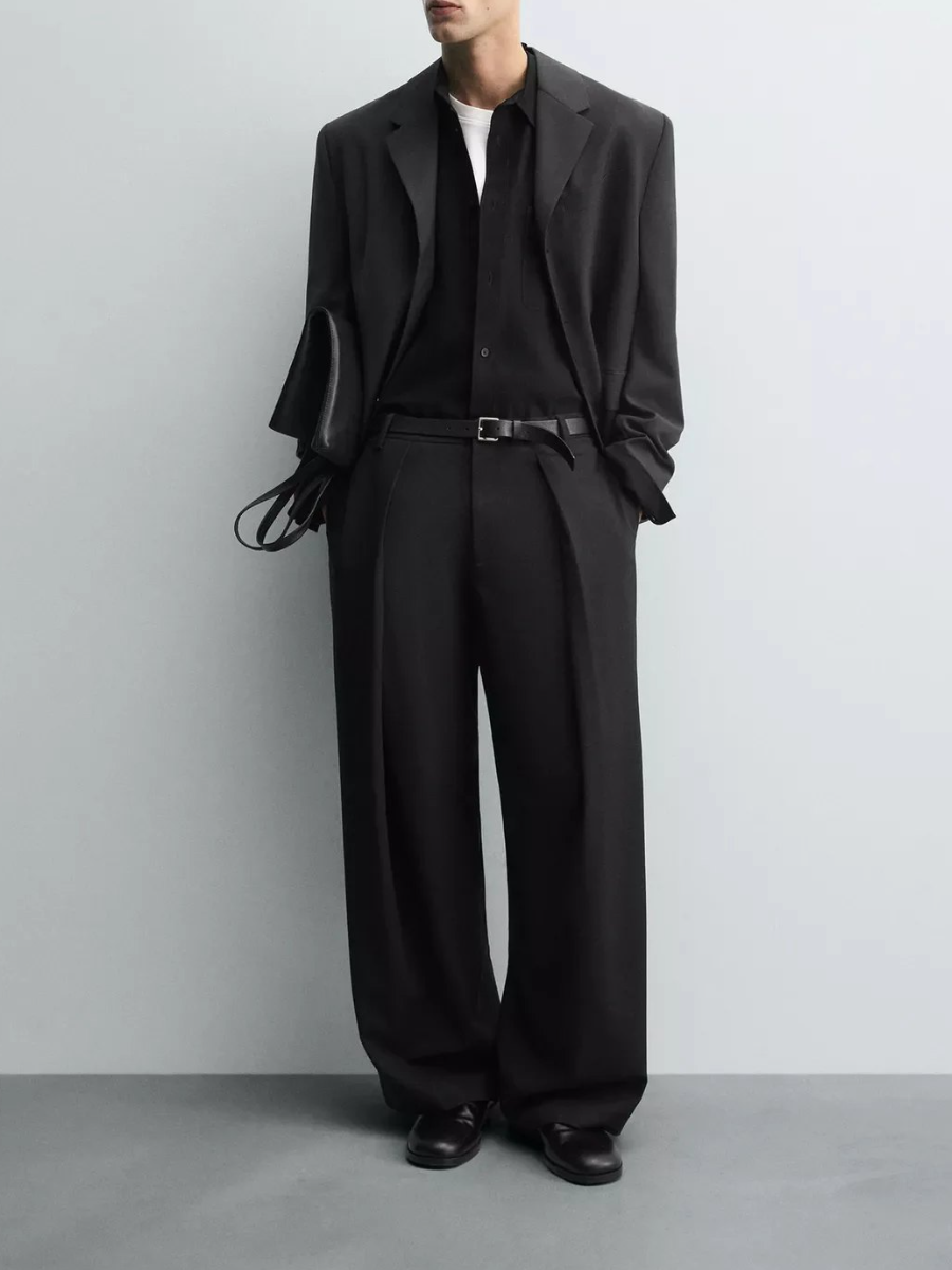 Minimalist Wide-Leg Pleated Trousers – Black Tailored Streetwear Pants