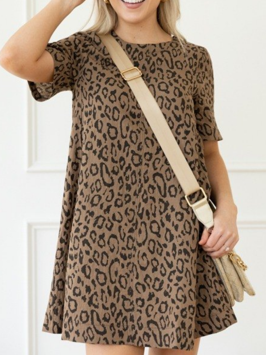 Leopard Print Linen-Blend Shift Dress