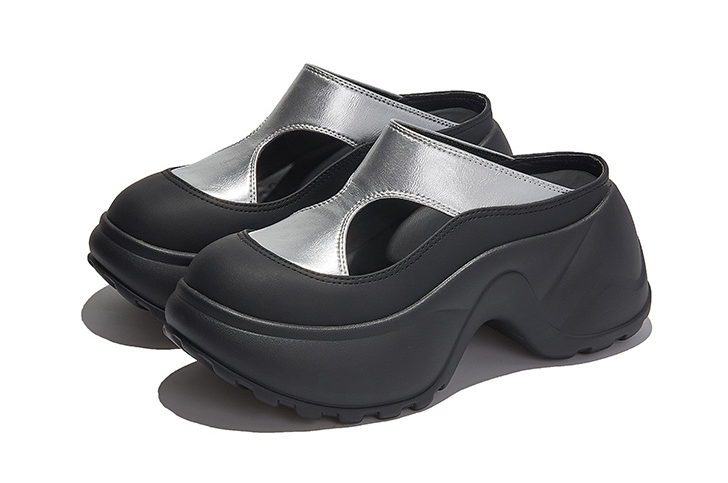 Chunky Platform Slide Sandals | Black Silver Casual Mule Clogs