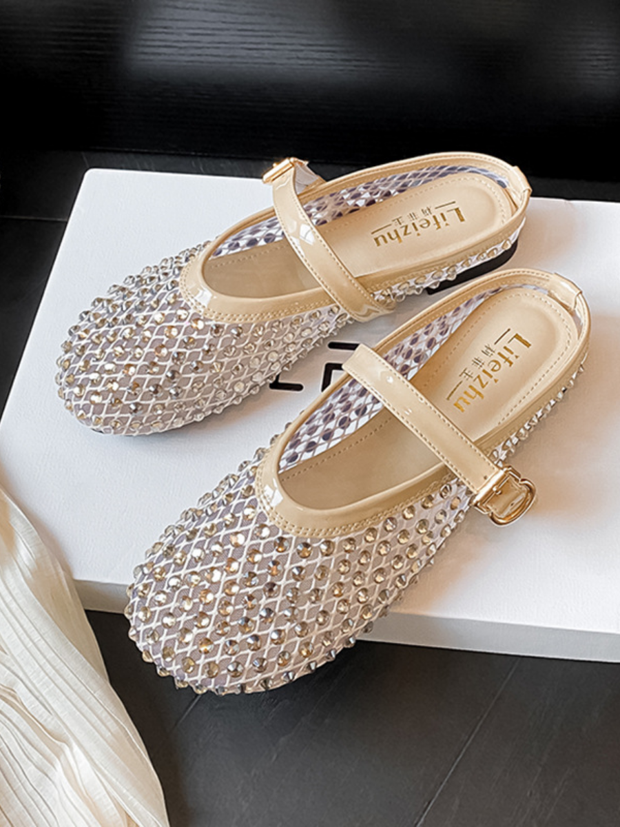 Gold Rhinestone Mesh Mary Jane Mule Flats | Breathable Slip-On Shoes for Women