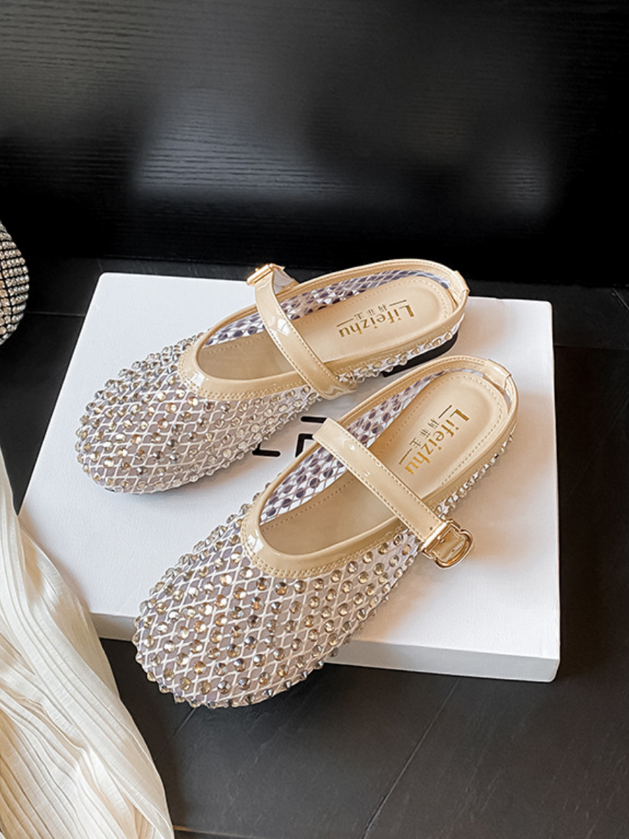 Gold Rhinestone Mesh Mary Jane Mule Flats | Breathable Slip-On Shoes for Women