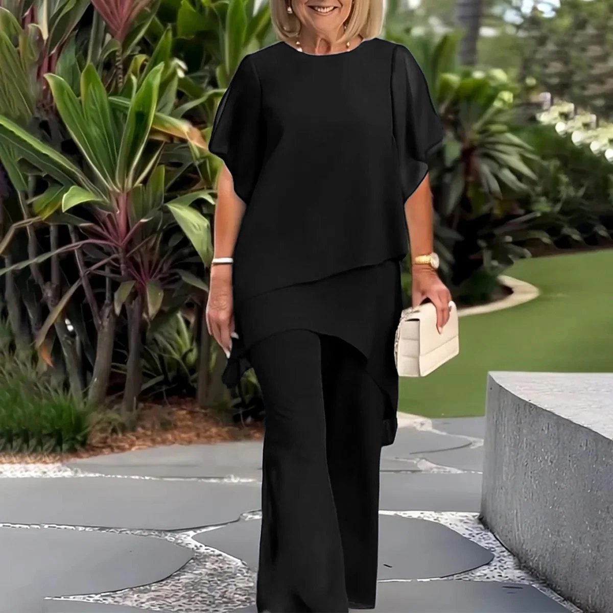 Navy Plain Round Neck Short Sleeve Two Piece Set