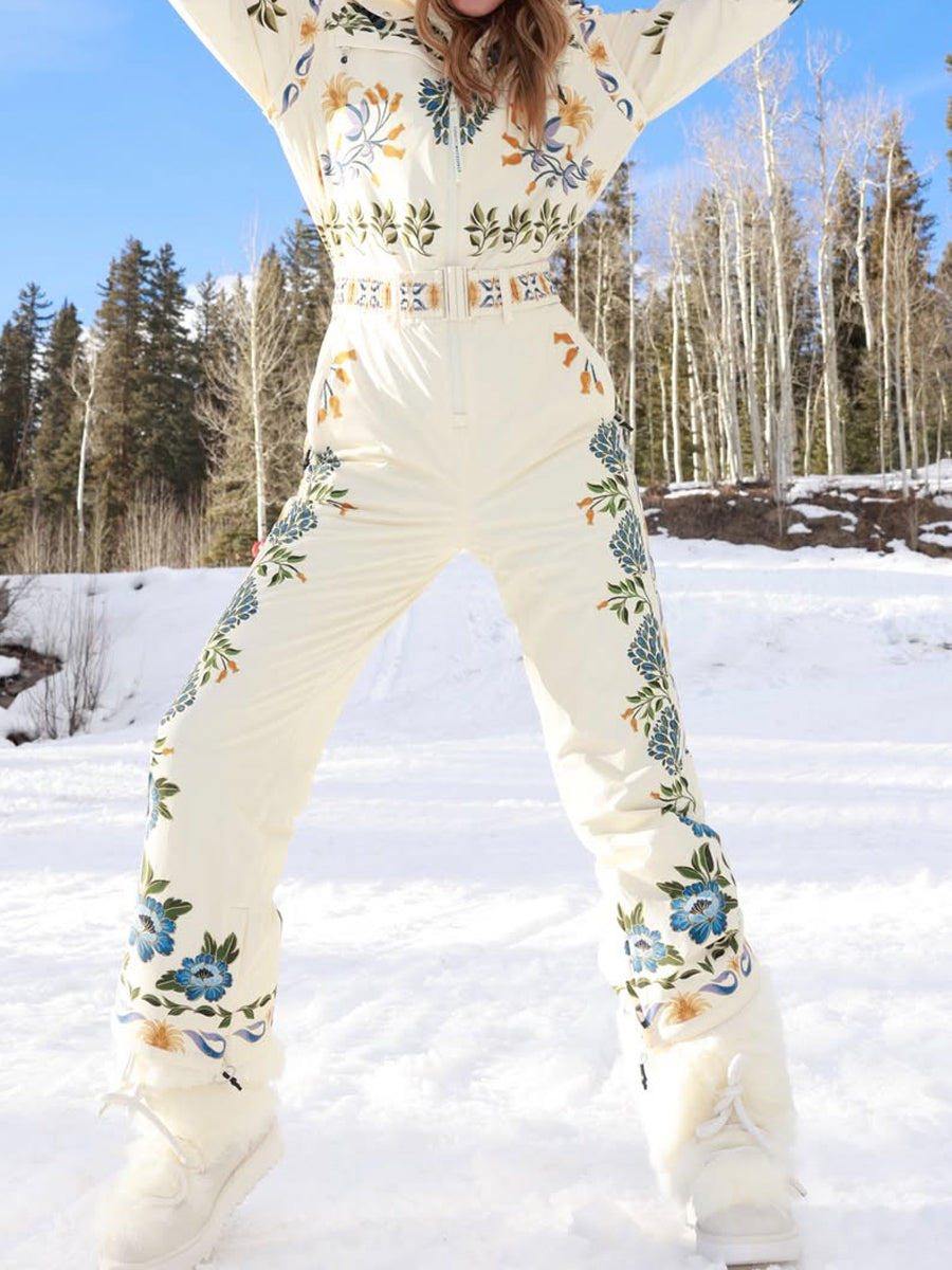 Winter Printed Hooded Belted Ski Jumpsuit