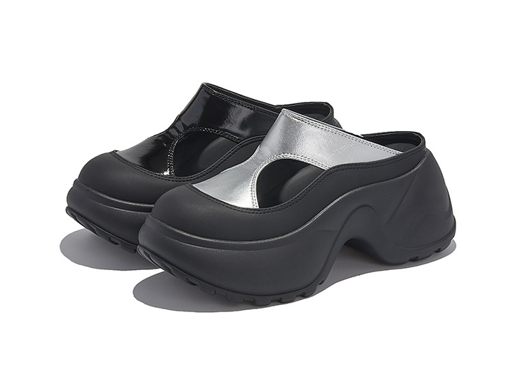 Chunky Platform Slide Sandals | Black Silver Casual Mule Clogs