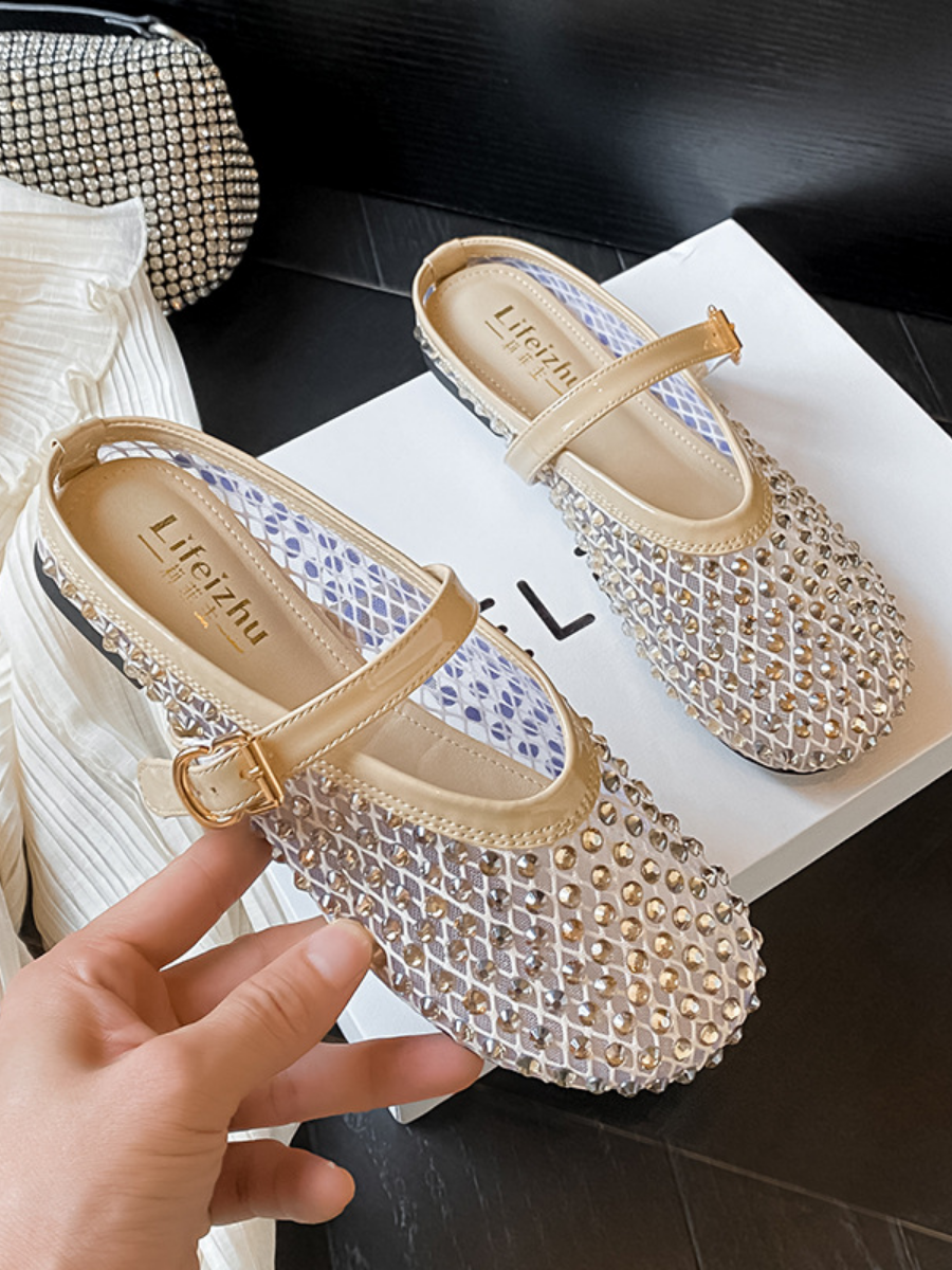 Gold Rhinestone Mesh Mary Jane Mule Flats | Breathable Slip-On Shoes for Women