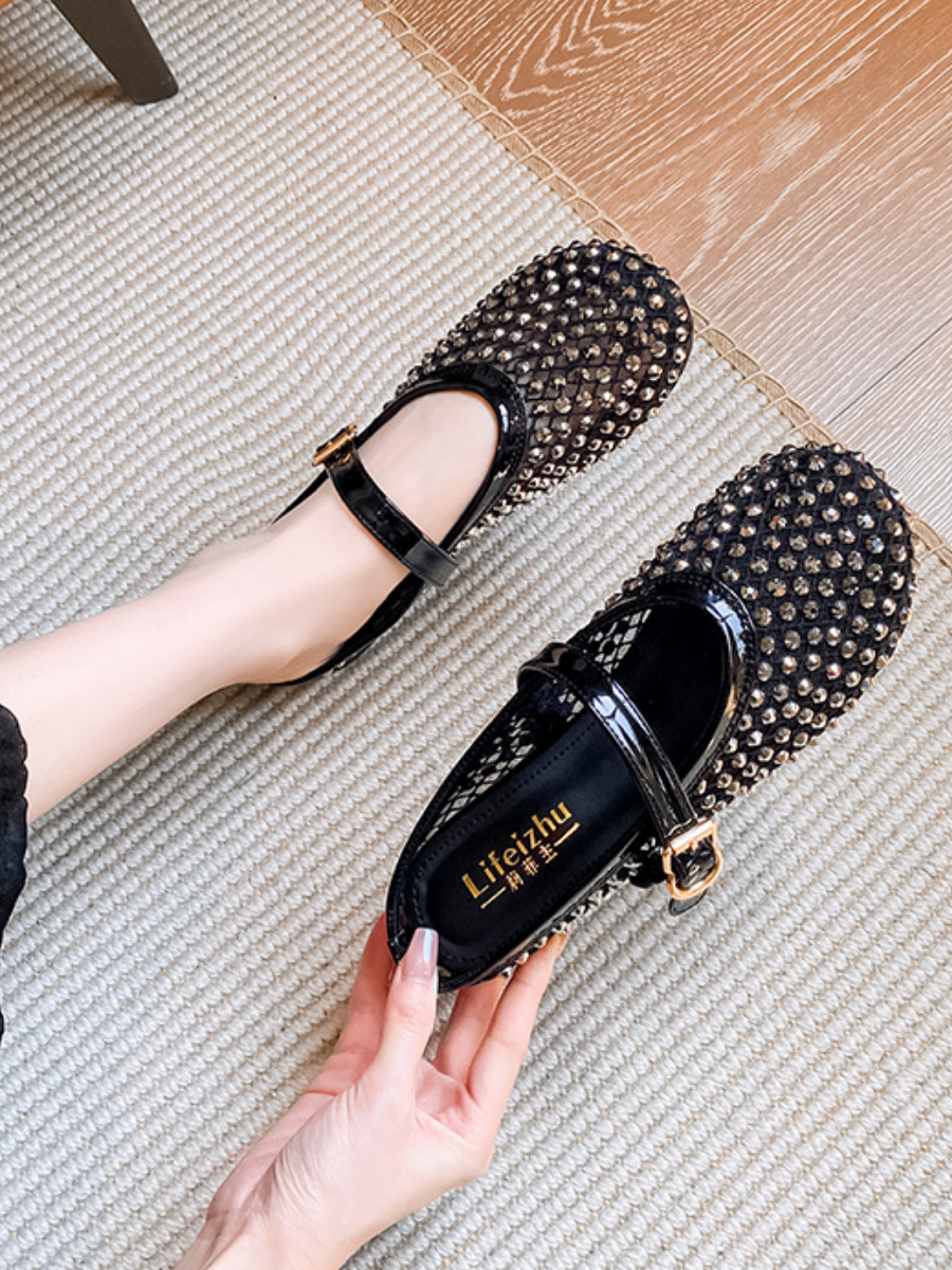 Gold Rhinestone Mesh Mary Jane Mule Flats | Breathable Slip-On Shoes for Women