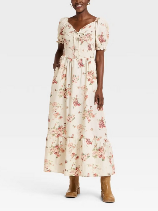 Western Puff Short Sleeve Smocked Midi A-Line Dress